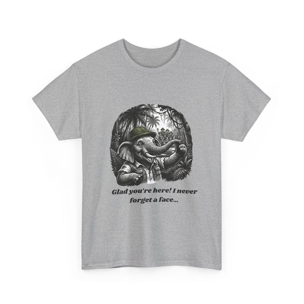 Elephant Illustration Tee — "Glad you're here! I never forget a face…" Vintage Jungle Graphic T-Shirt
