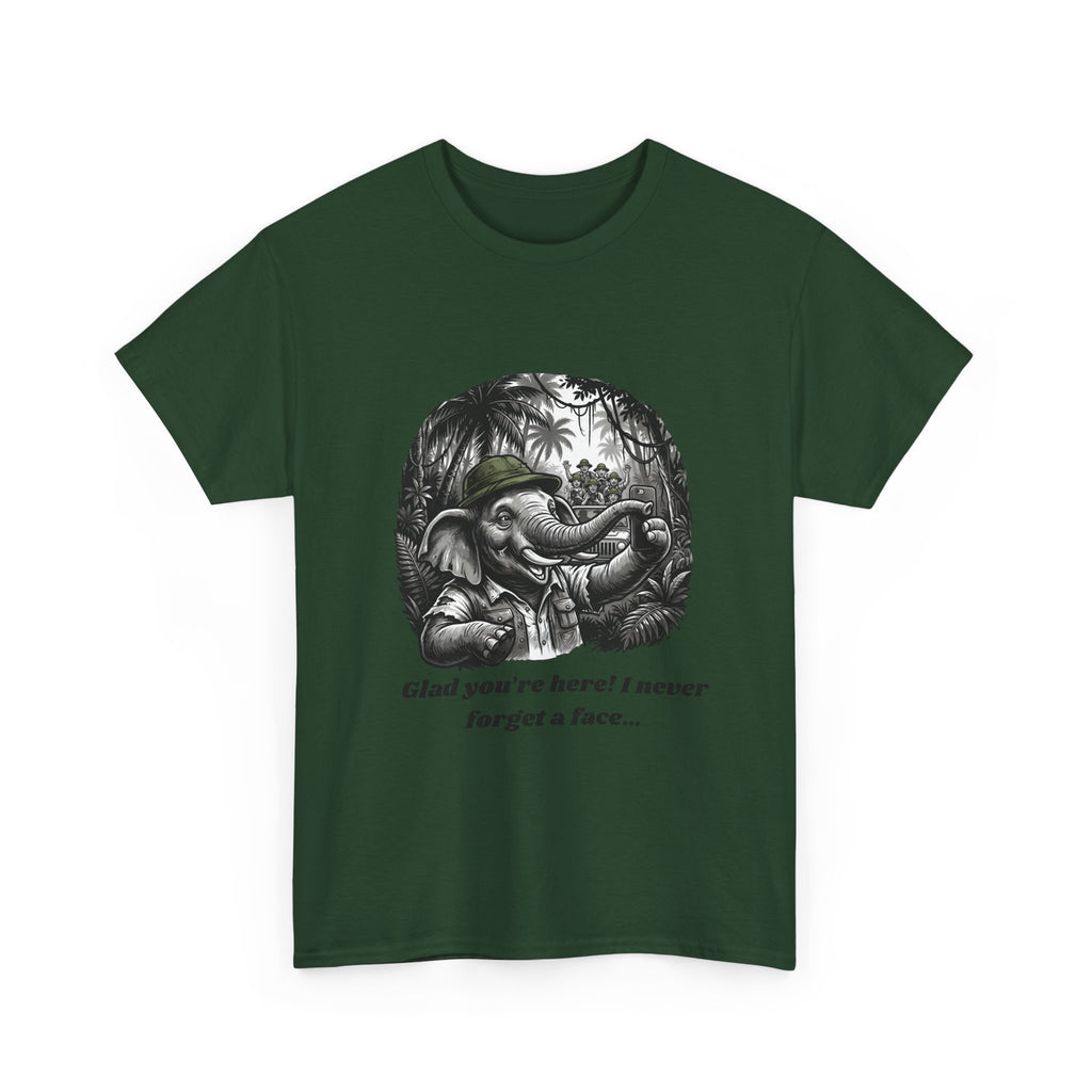 Elephant Illustration Tee — "Glad you're here! I never forget a face…" Vintage Jungle Graphic T-Shirt