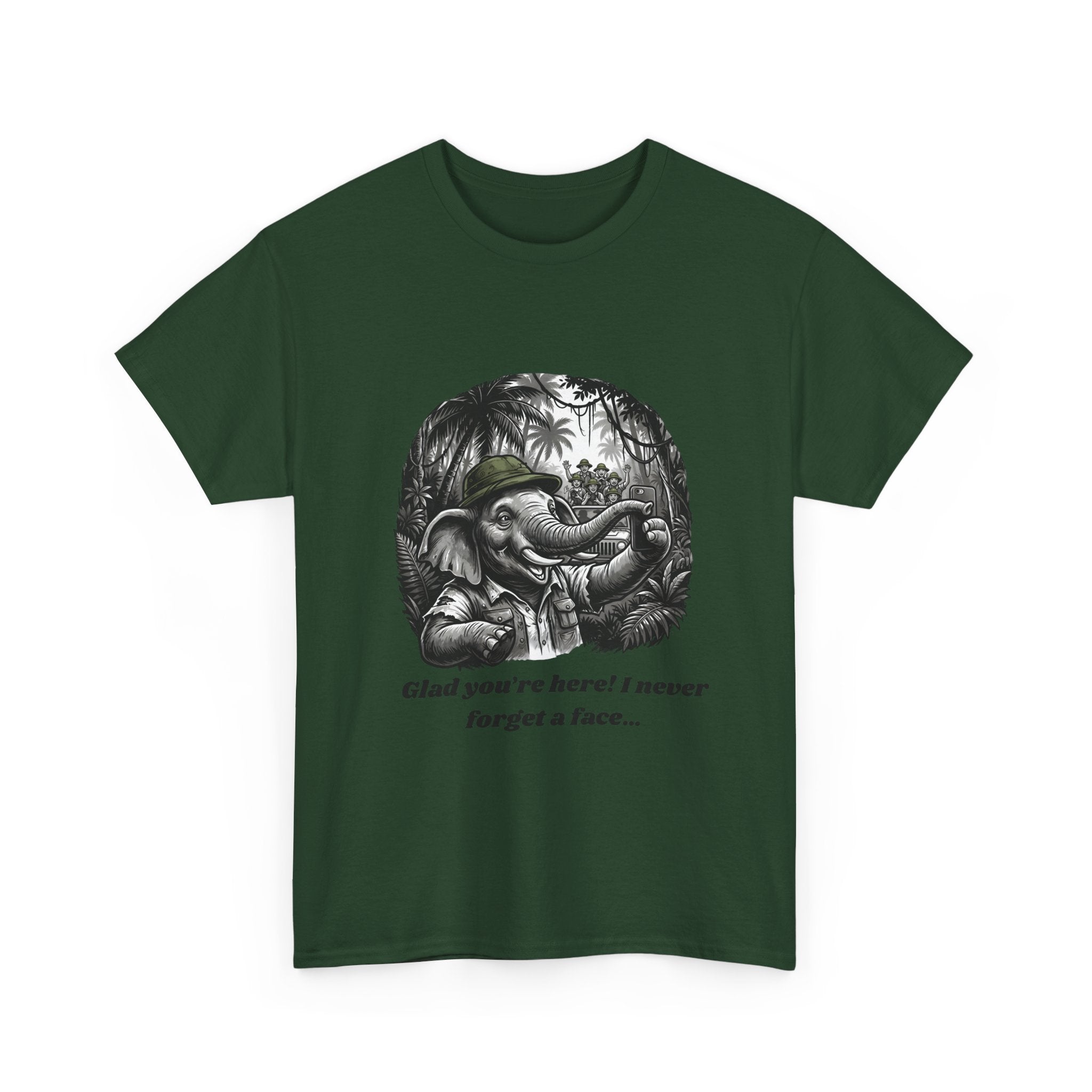 Elephant Illustration Tee — "Glad you're here! I never forget a face…" Vintage Jungle Graphic T-Shirt