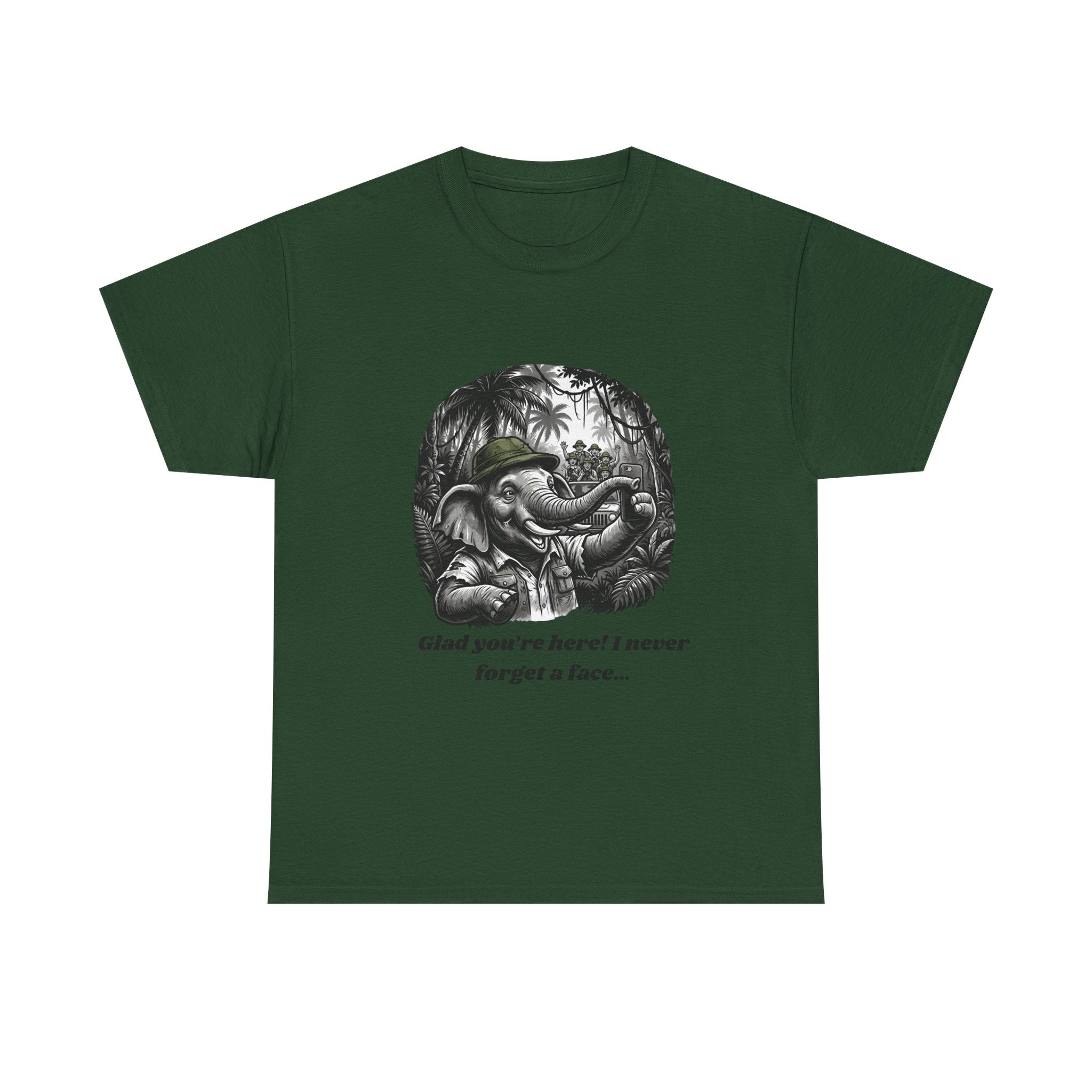 Elephant Illustration Tee — "Glad you're here! I never forget a face…" Vintage Jungle Graphic T-Shirt