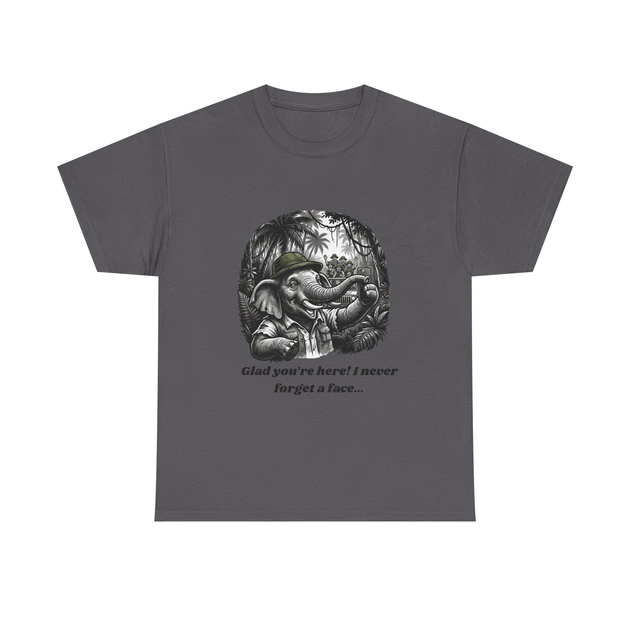 Elephant Illustration Tee — "Glad you're here! I never forget a face…" Vintage Jungle Graphic T-Shirt