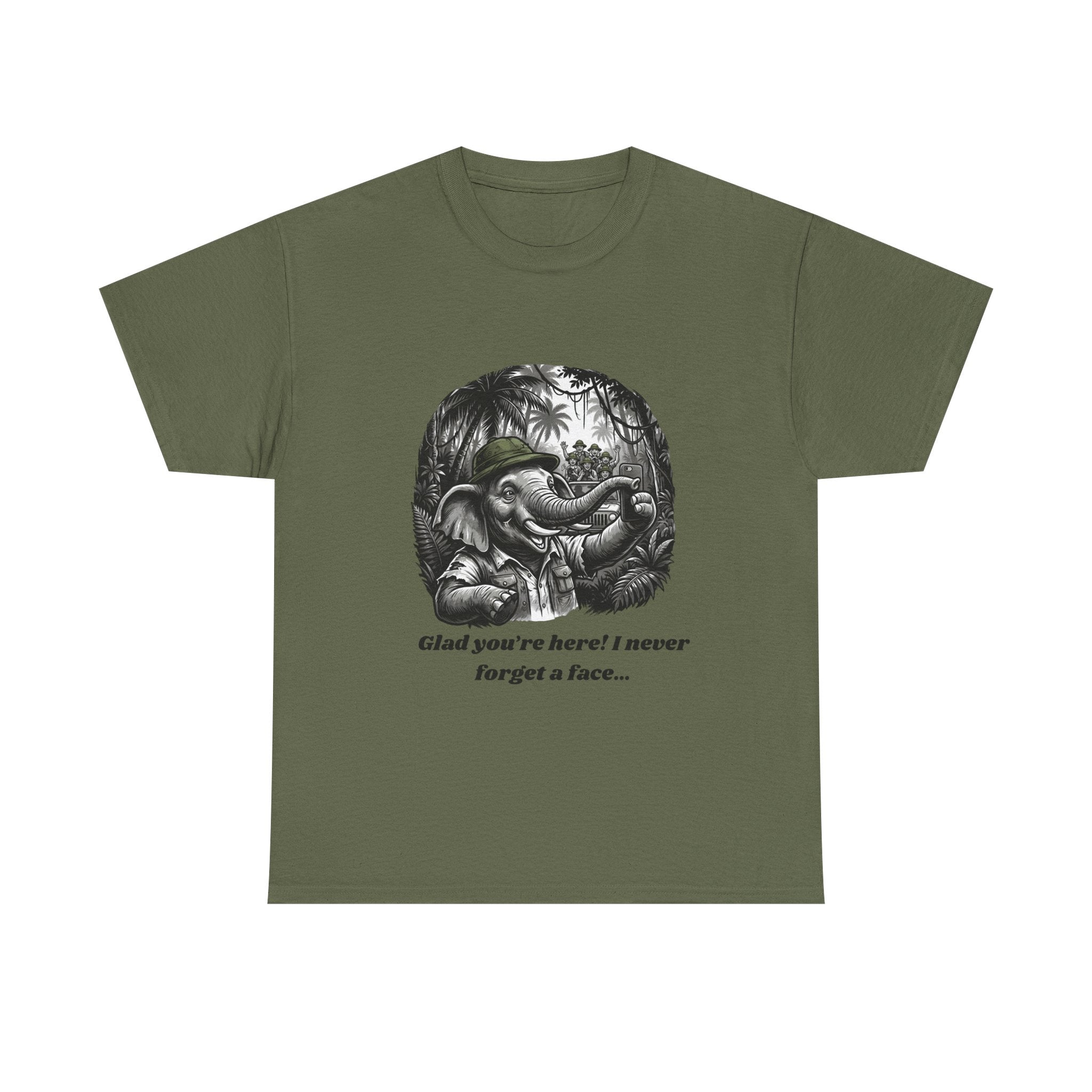 Elephant Illustration Tee — "Glad you're here! I never forget a face…" Vintage Jungle Graphic T-Shirt