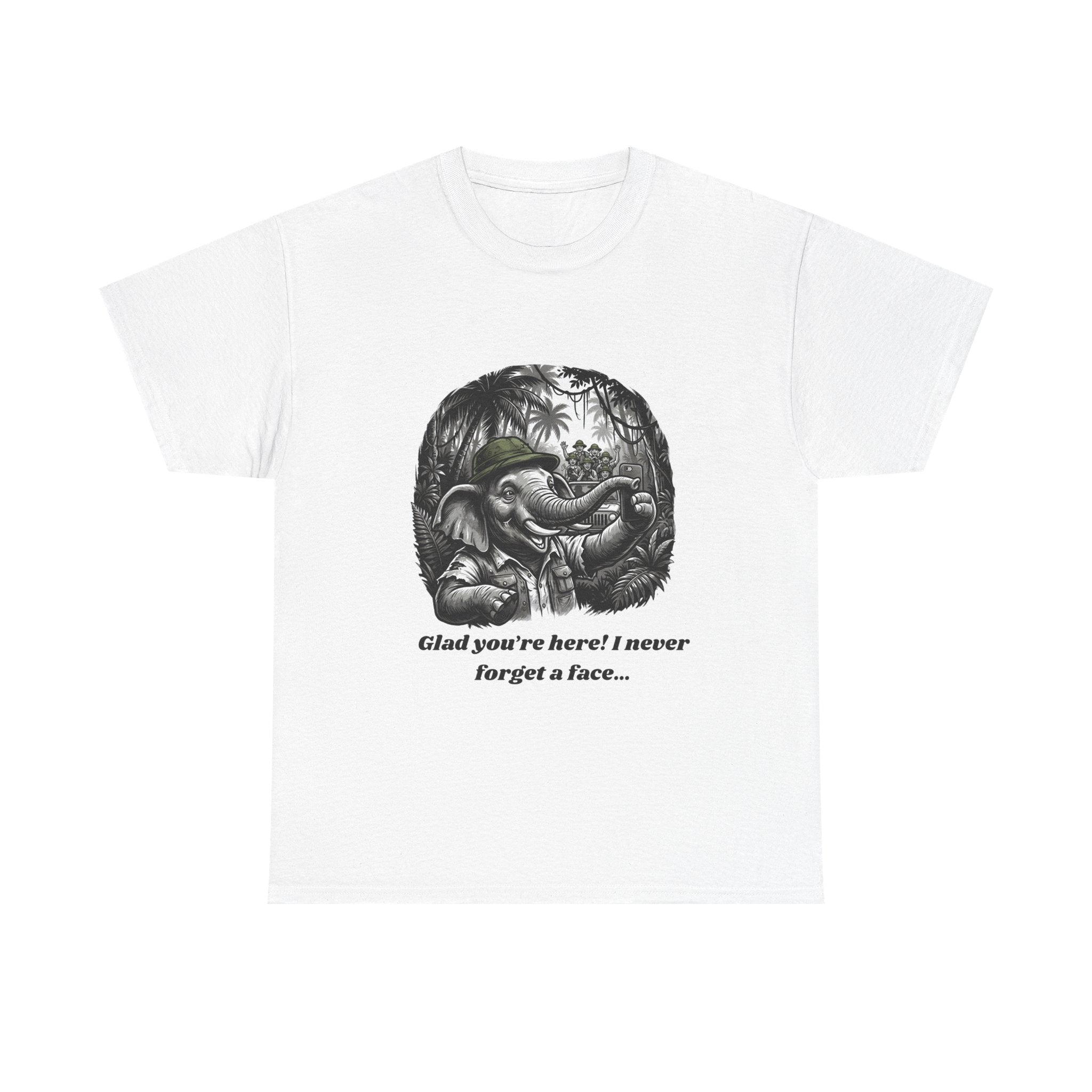 Elephant Illustration Tee — "Glad you're here! I never forget a face…" Vintage Jungle Graphic T-Shirt