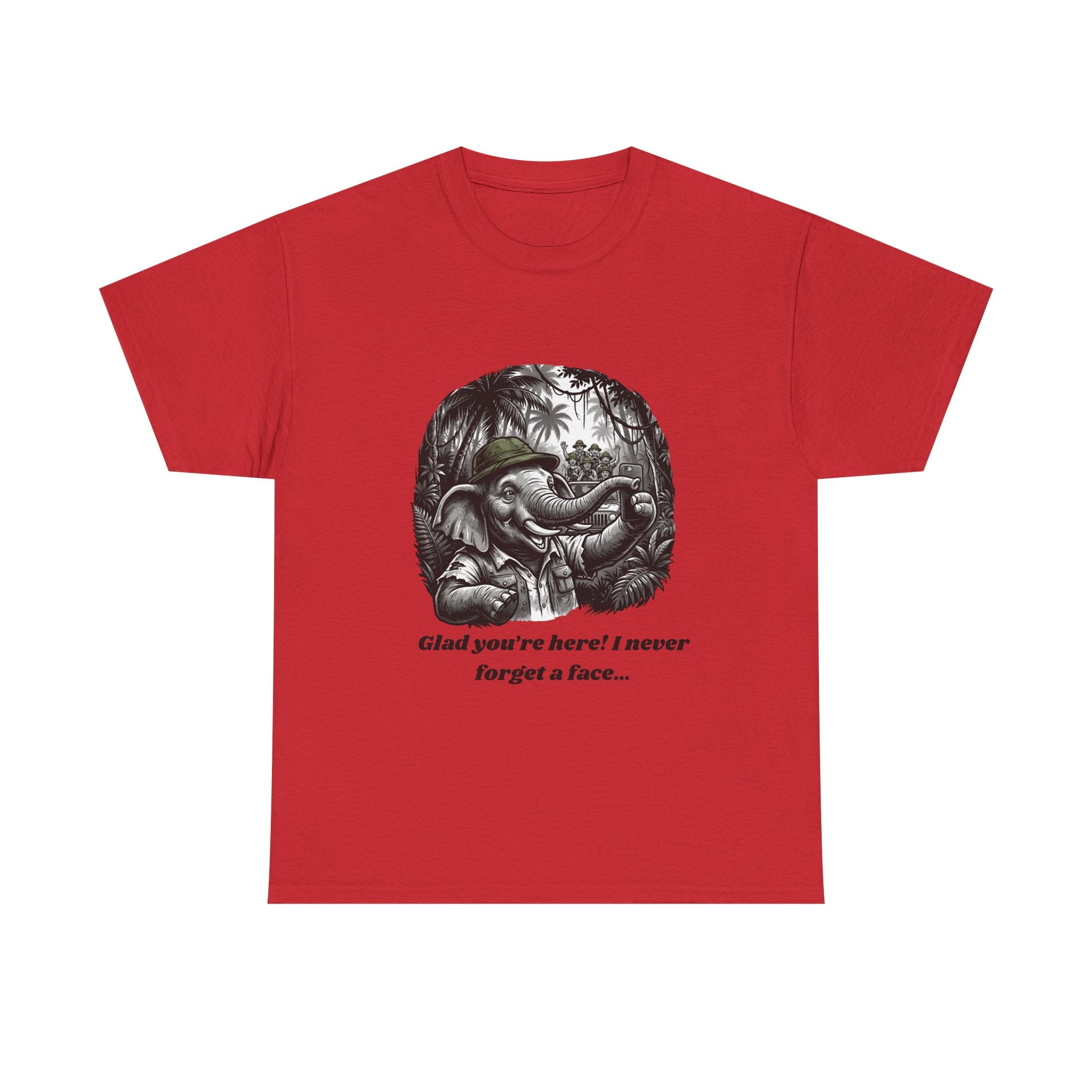 Elephant Illustration Tee — "Glad you're here! I never forget a face…" Vintage Jungle Graphic T-Shirt