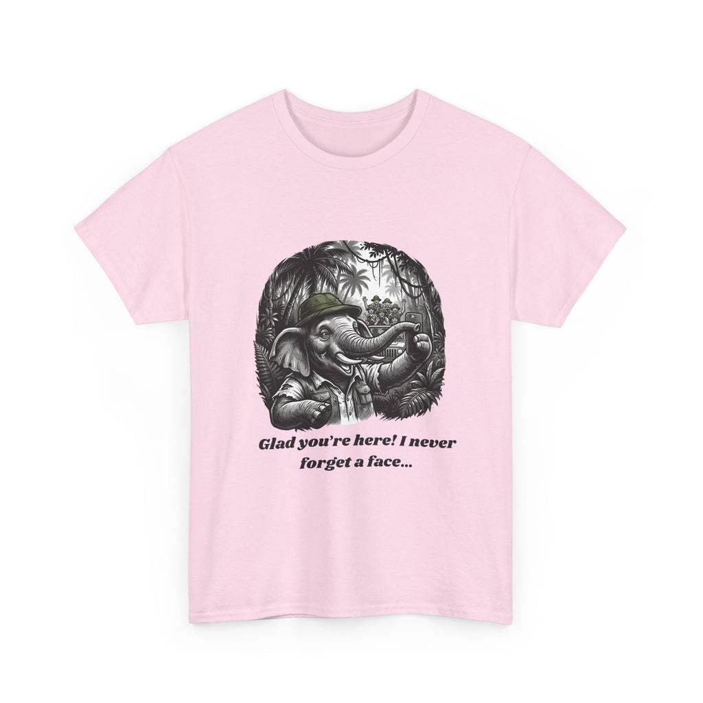 Elephant Illustration Tee — "Glad you're here! I never forget a face…" Vintage Jungle Graphic T-Shirt