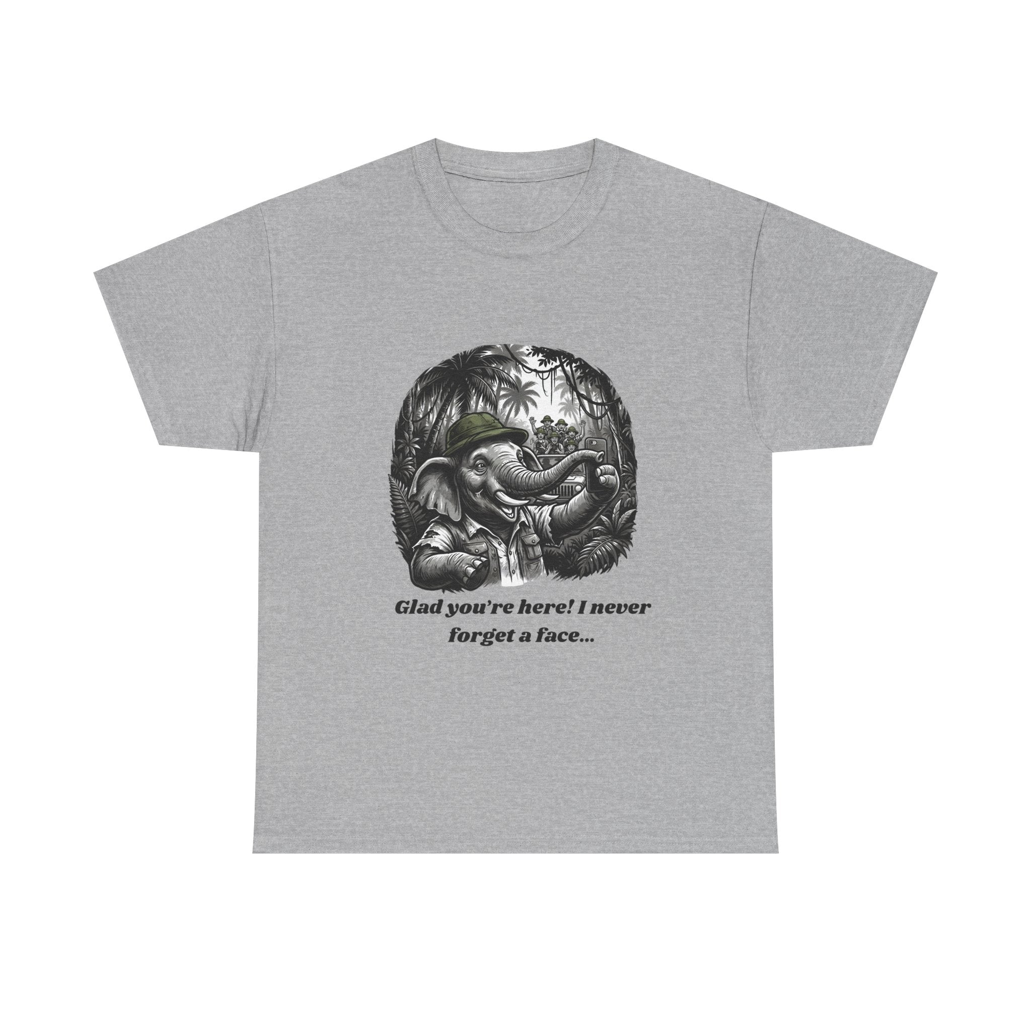 Elephant Illustration Tee — "Glad you're here! I never forget a face…" Vintage Jungle Graphic T-Shirt