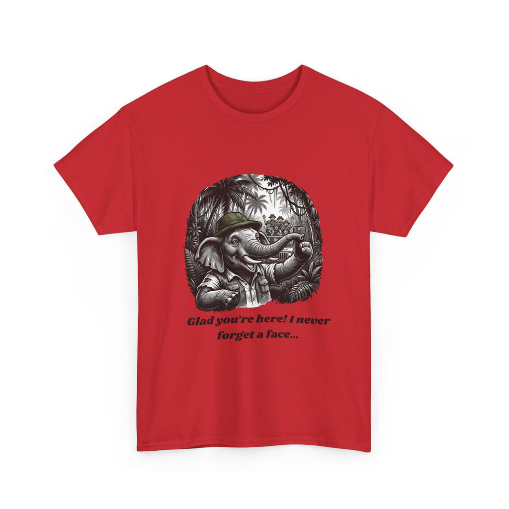 Elephant Illustration Tee — "Glad you're here! I never forget a face…" Vintage Jungle Graphic T-Shirt