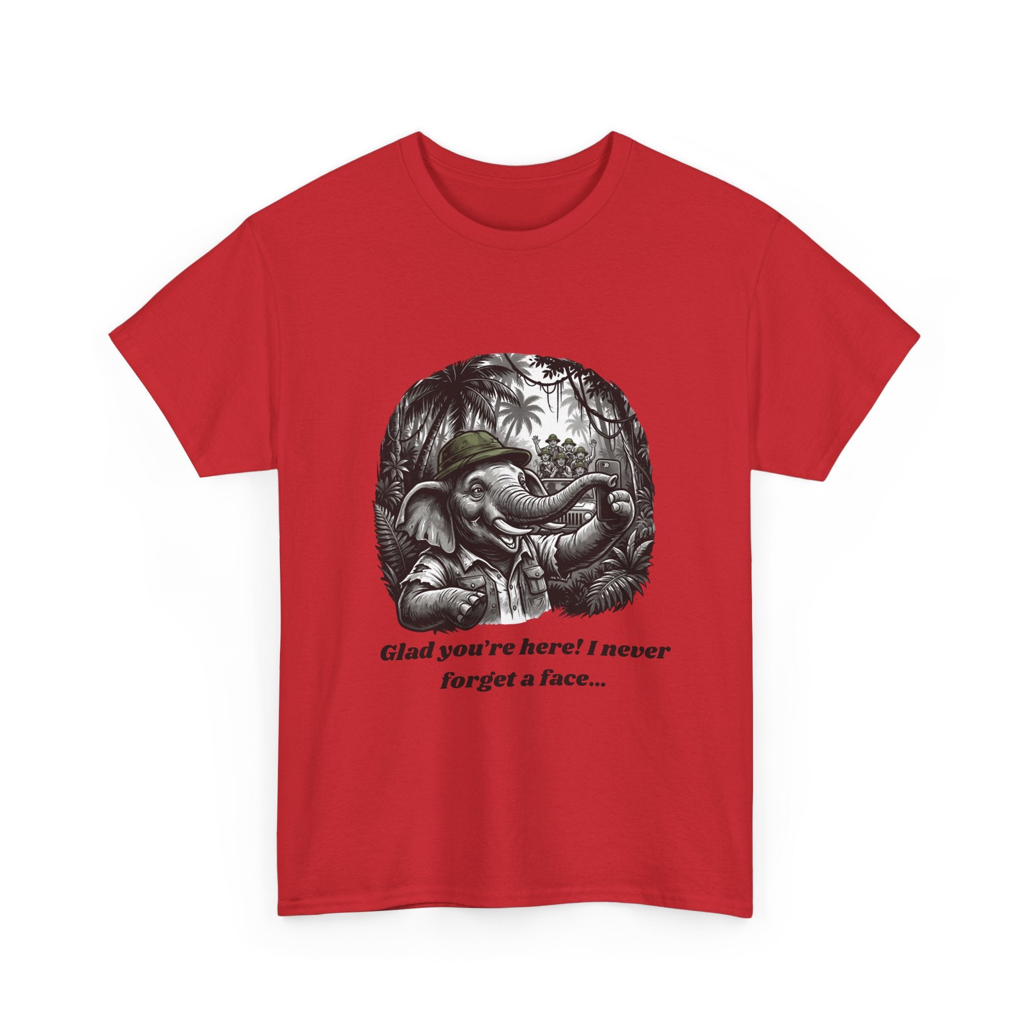 Elephant Illustration Tee — "Glad you're here! I never forget a face…" Vintage Jungle Graphic T-Shirt
