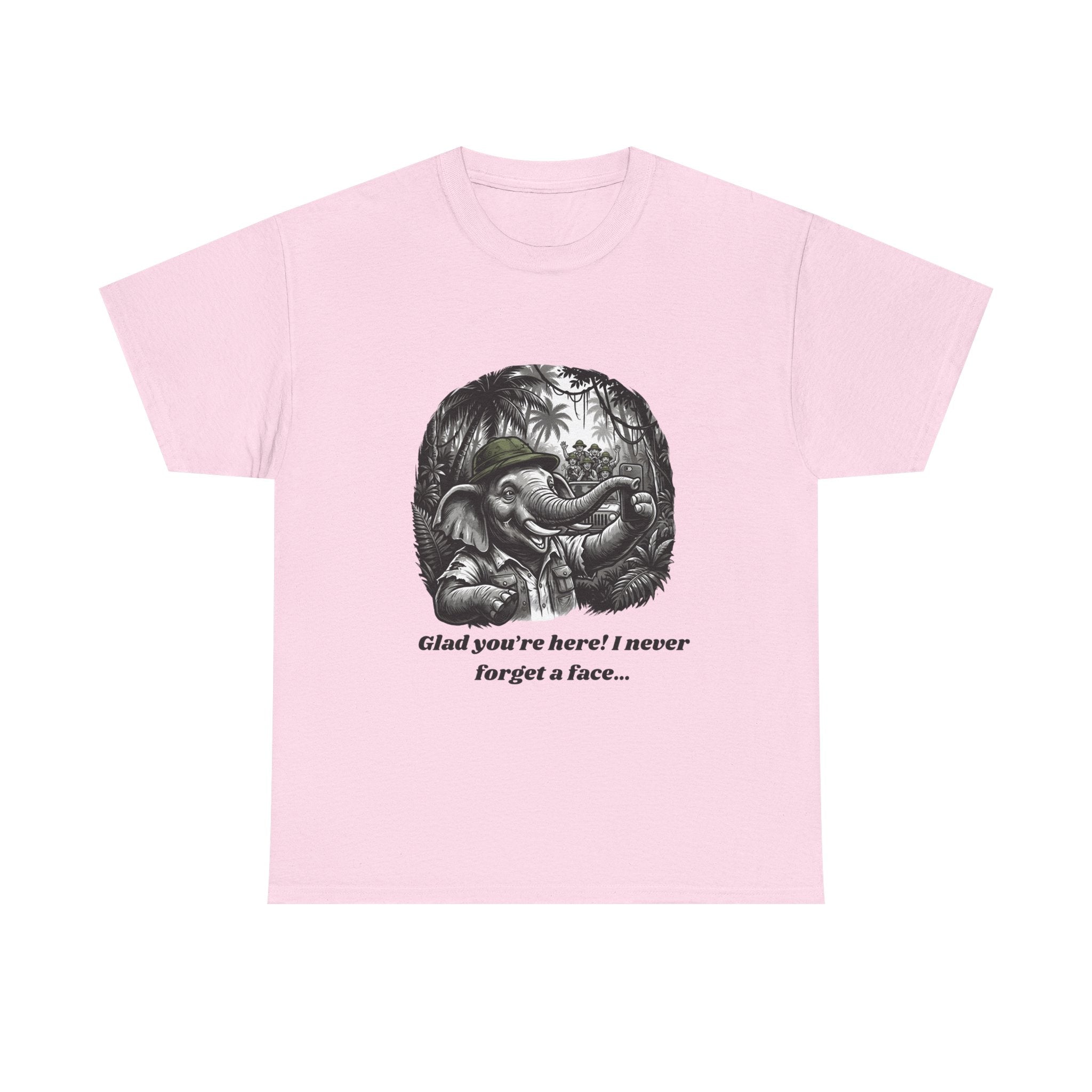 Elephant Illustration Tee — "Glad you're here! I never forget a face…" Vintage Jungle Graphic T-Shirt