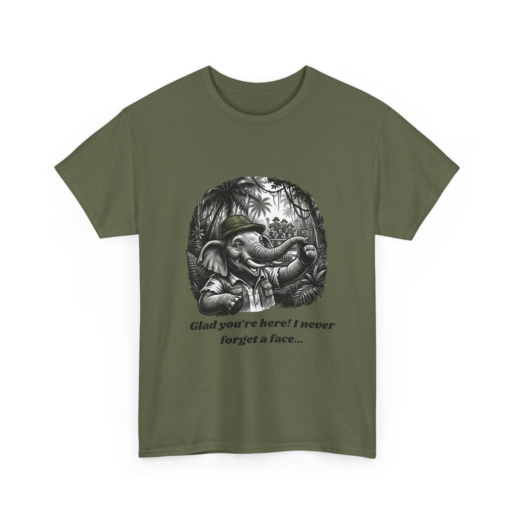 Elephant Illustration Tee — "Glad you're here! I never forget a face…" Vintage Jungle Graphic T-Shirt