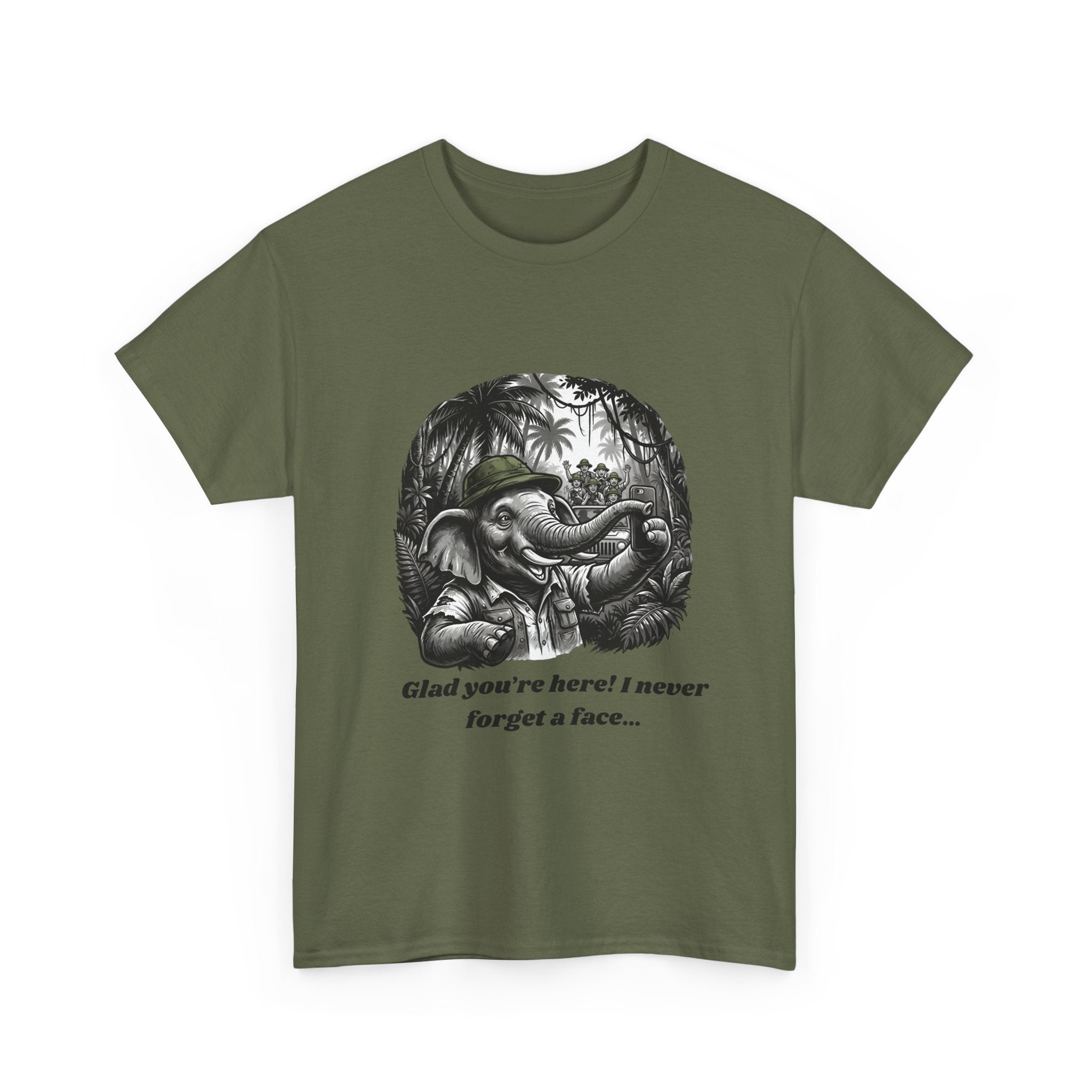 Elephant Illustration Tee — "Glad you're here! I never forget a face…" Vintage Jungle Graphic T-Shirt