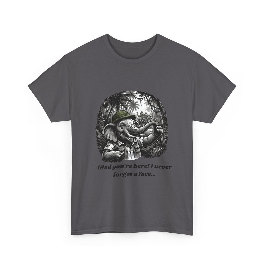 Elephant Illustration Tee — "Glad you're here! I never forget a face…" Vintage Jungle Graphic T-Shirt